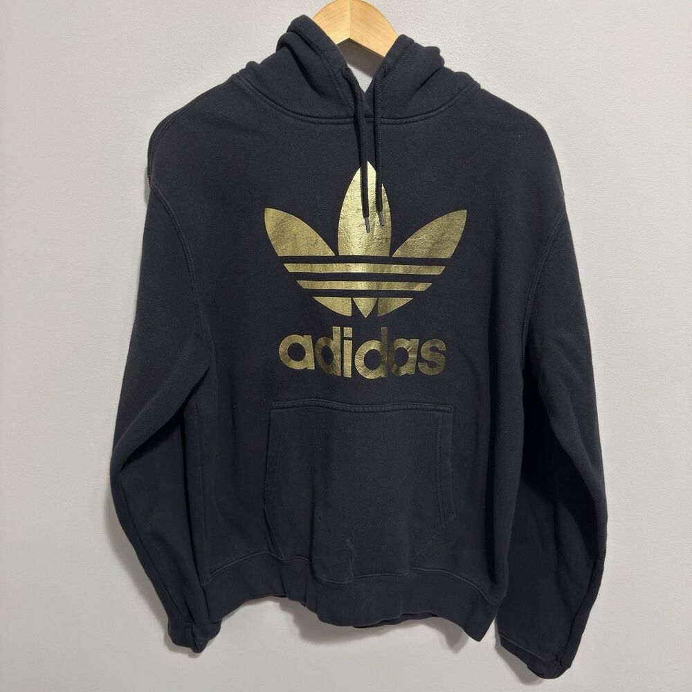 Adidas Originals Hoodie Black Metallic Gold Trefoil Logo Medium Pullover
